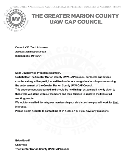 Greater Marion County United Auto Workers CAP Council  Letter
